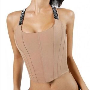 I AM GIA tan brown corset cinch back logo top size Medium